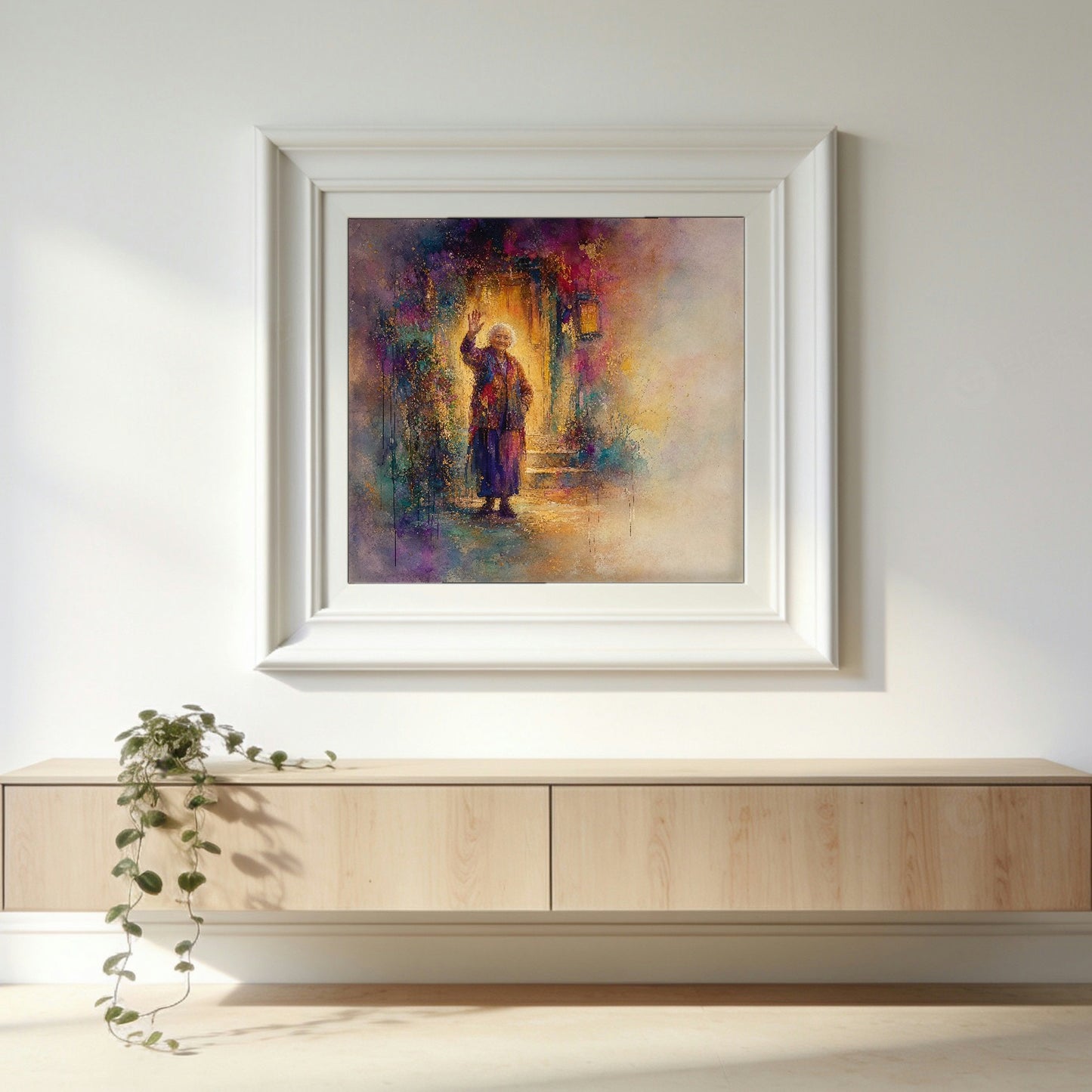 Welcome in a white gallery frame, hanging on a wall