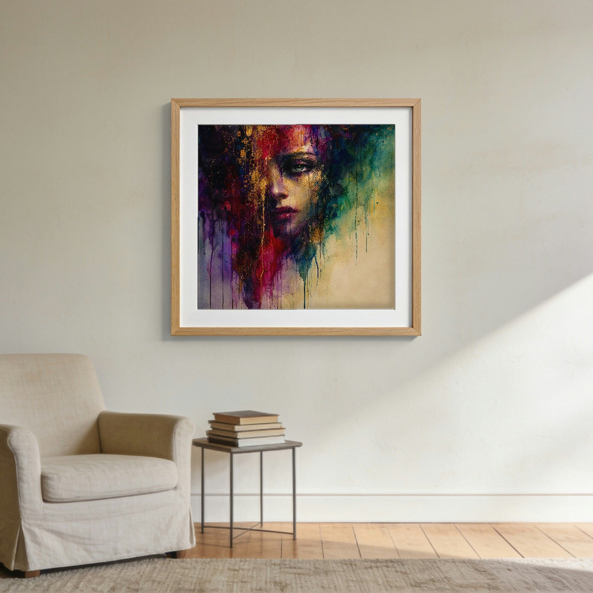 Apparition framed in oak, hanging on a wall