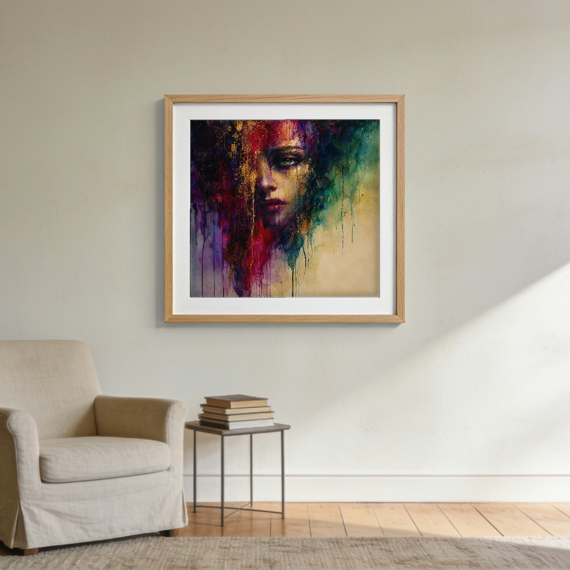 Apparition framed in oak, hanging on a wall