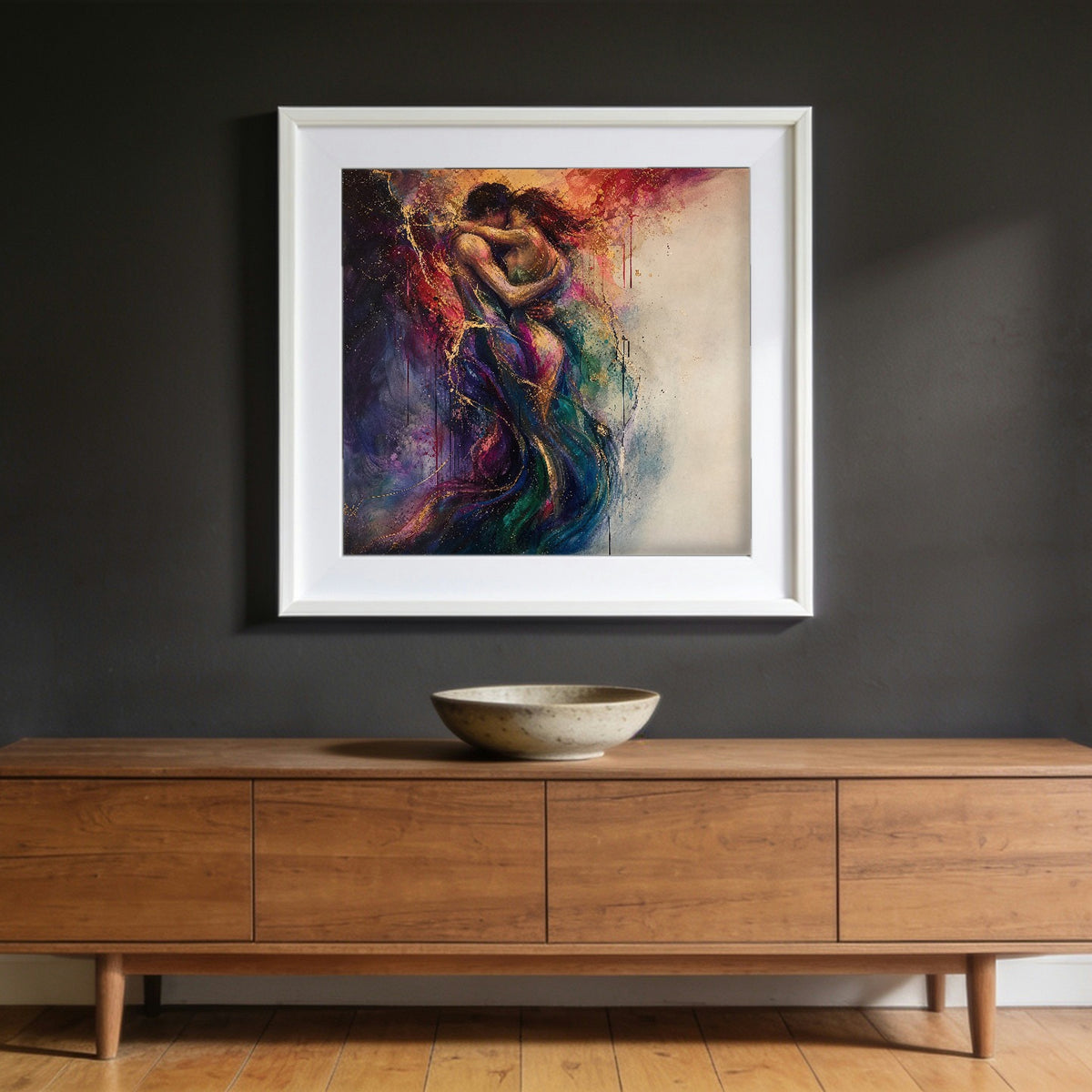 Entwined framed in white, hanging on a wall