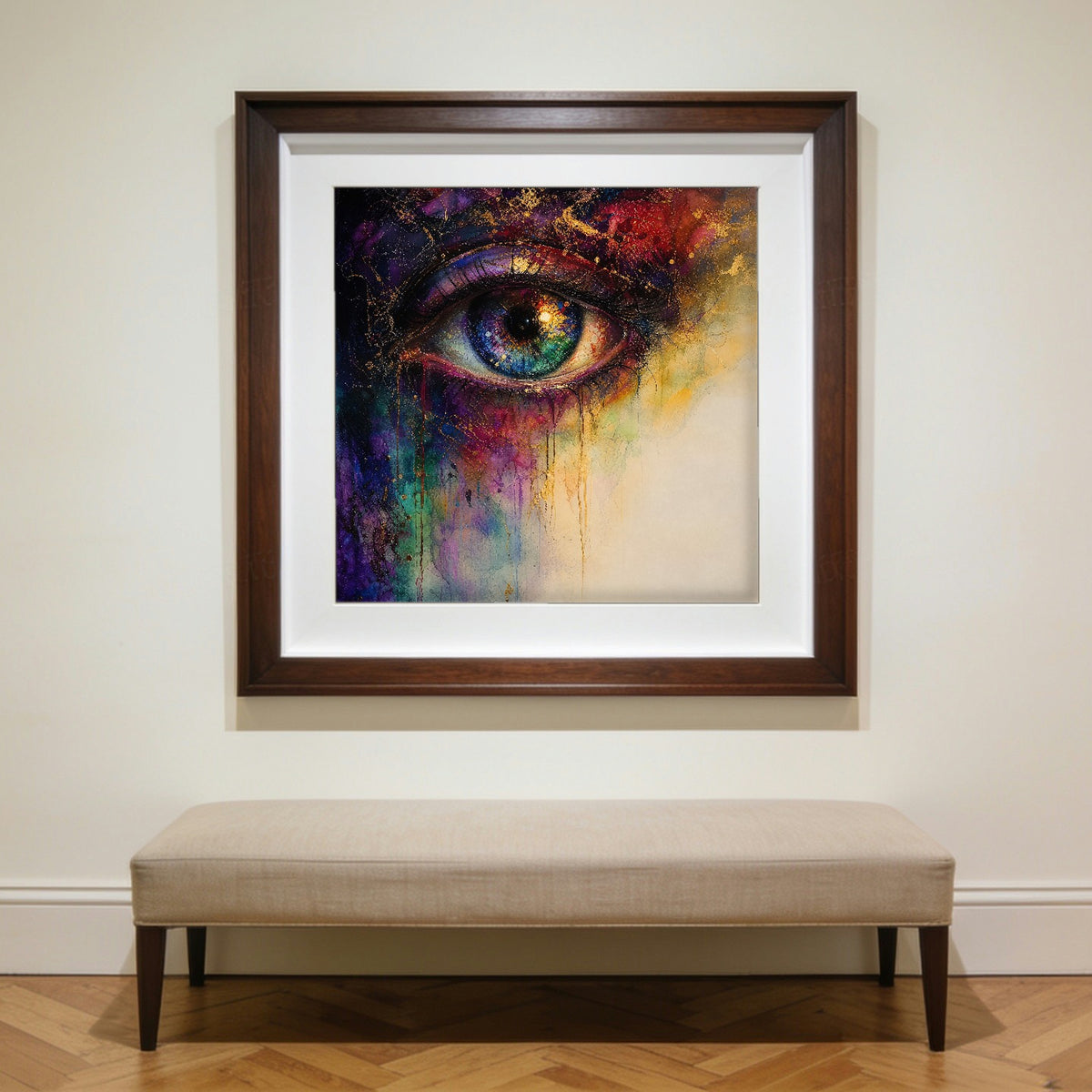 Tears of Color framed in walnut, hanging on a wall