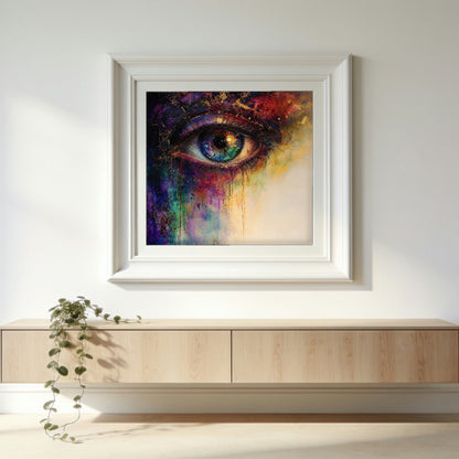 Tears of Color in a white gallery frame, hanging on a wall