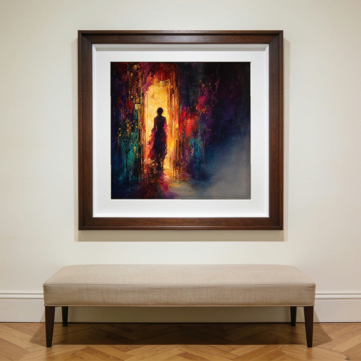 The Threshold framed in walnut, hanging on a wall