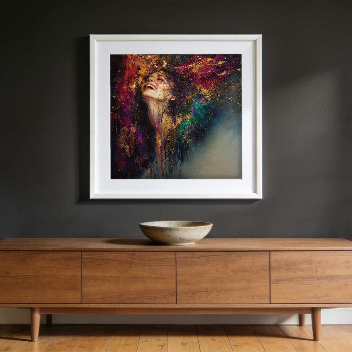 Laughter framed in white, hanging on a wall