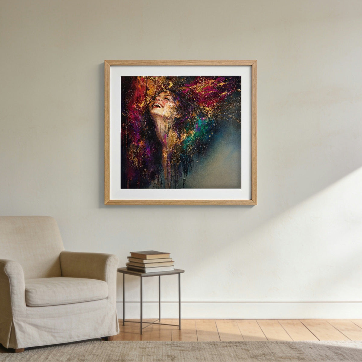 Laughter framed in oak, hanging on a wall