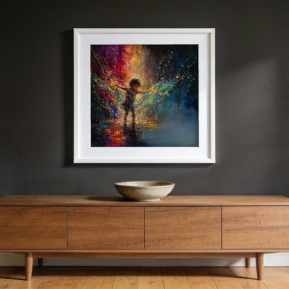 Splash of Light framed in white, hanging on a wall