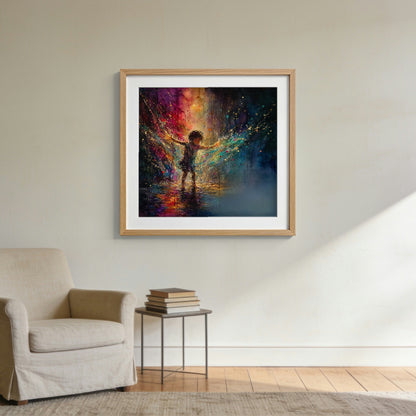 Splash of Light framed in oak, hanging on a wall