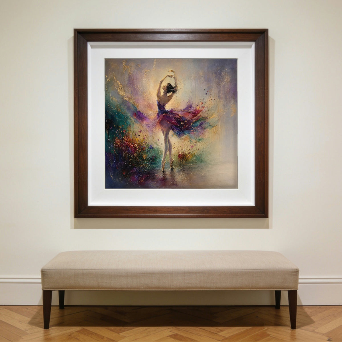 Pirouette framed in walnut, hanging on a wall