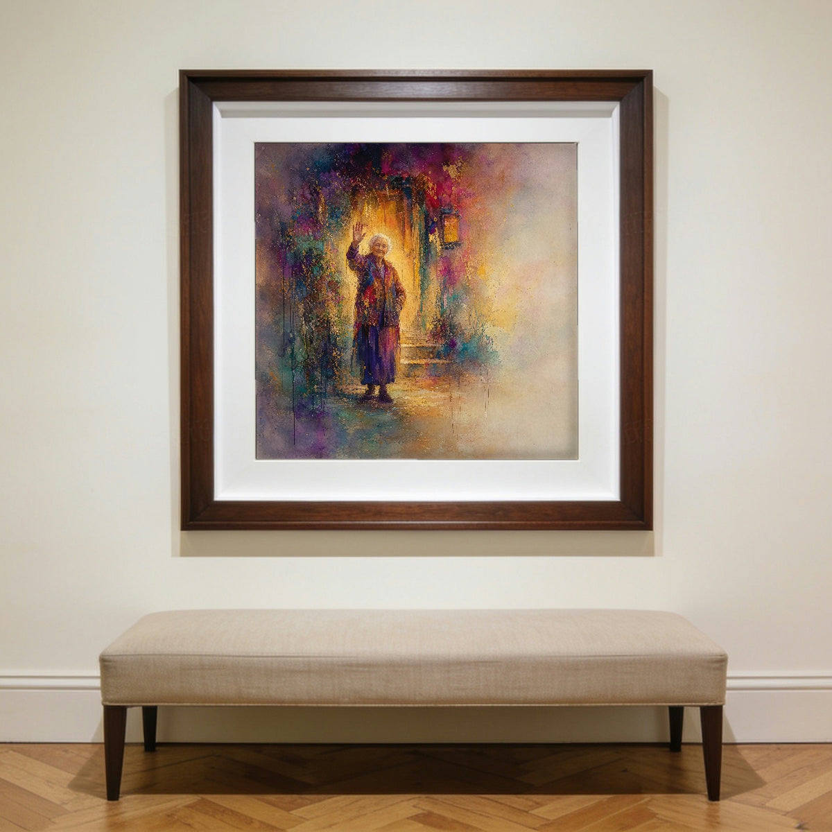 Welcome framed in walnut, hanging on a wall