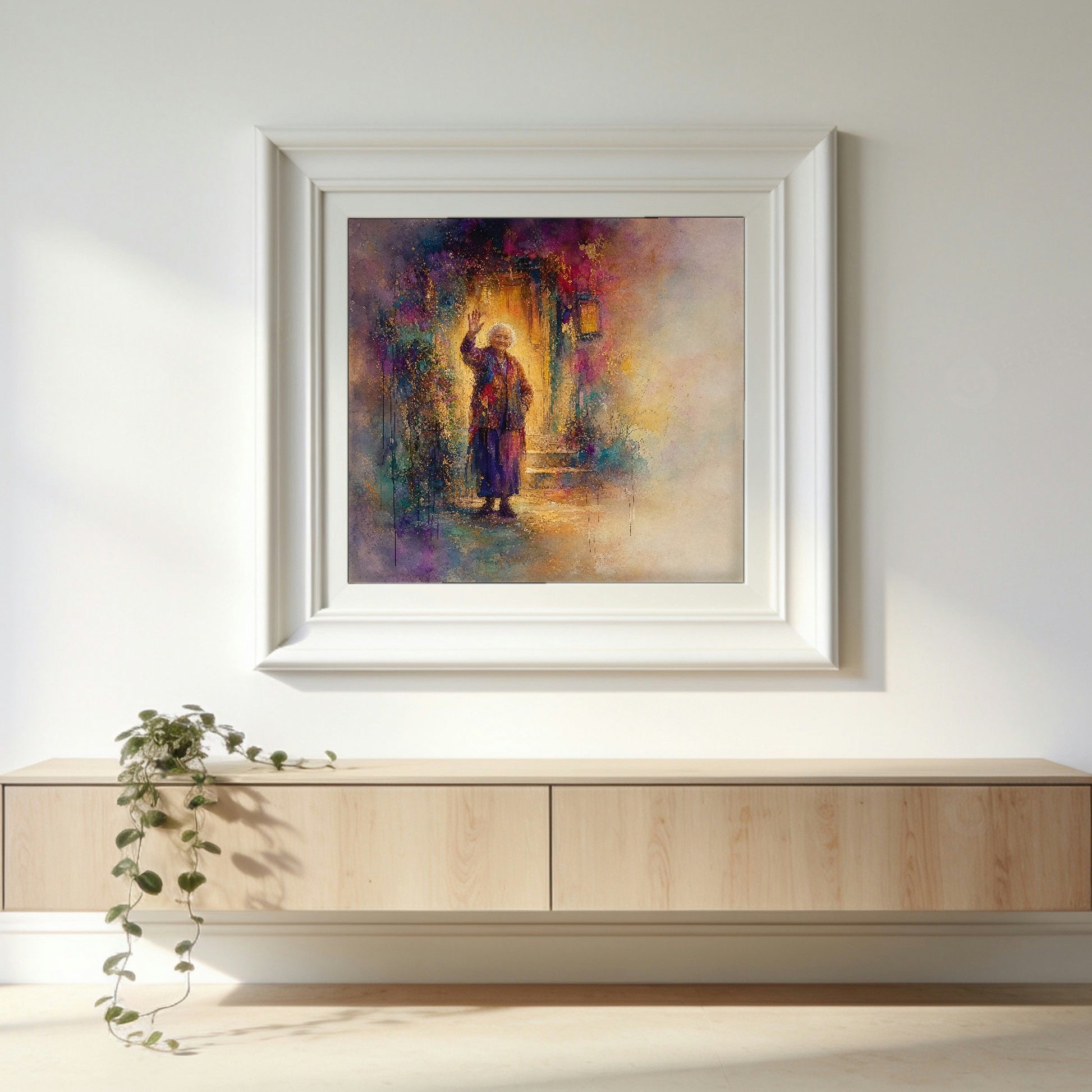 Welcome in a white gallery frame, hanging on a wall