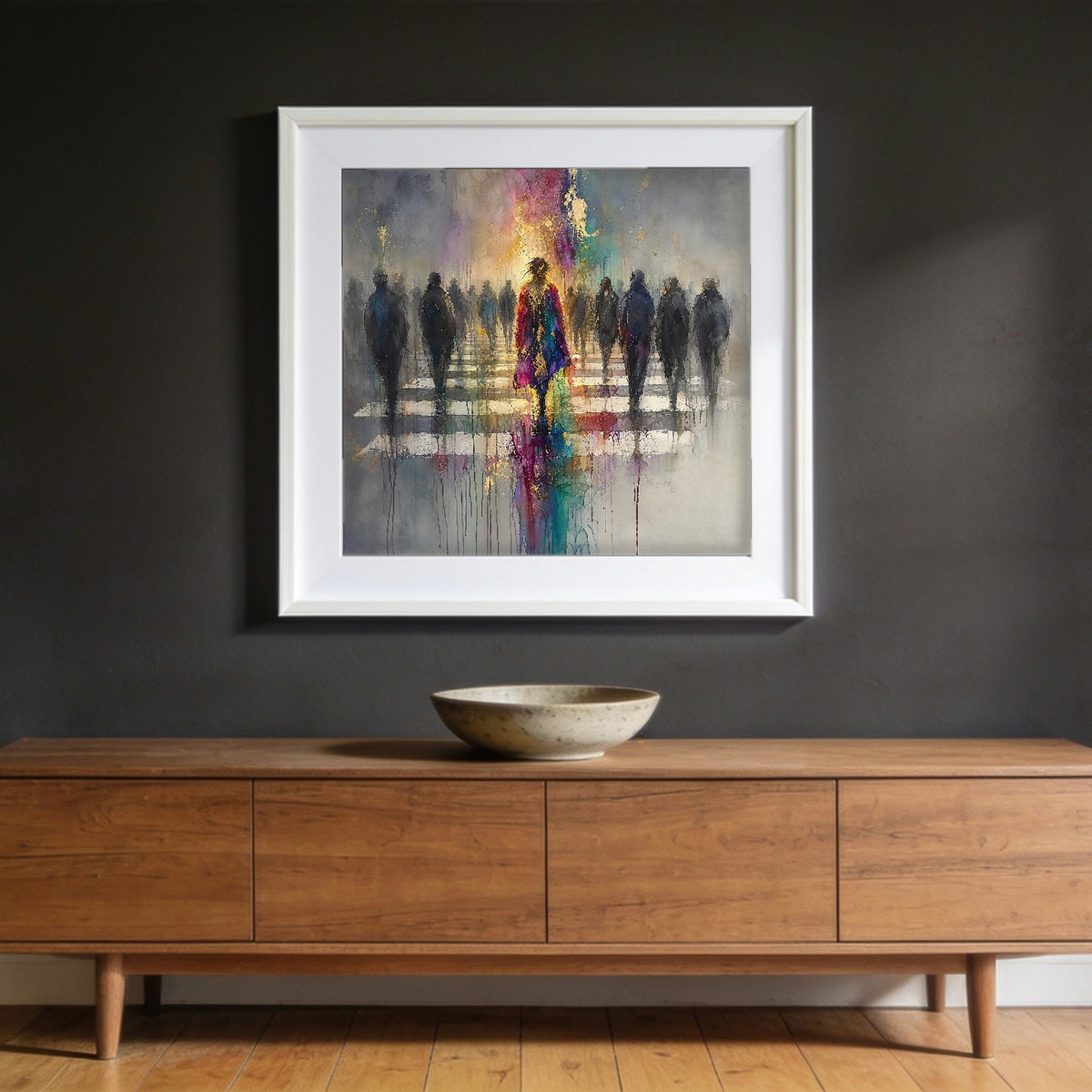 The One framed in white, hanging on a wall