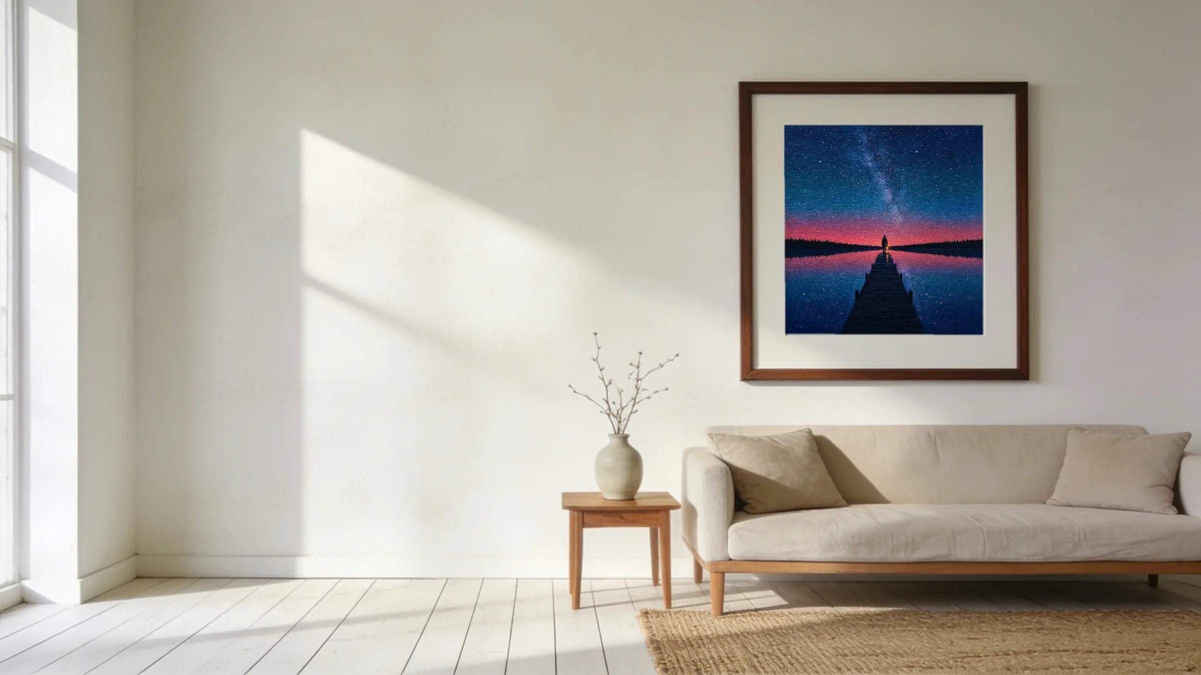Ink & Halo hero desktop - The Long Dock in a wooden frame on a sunlit living room wall