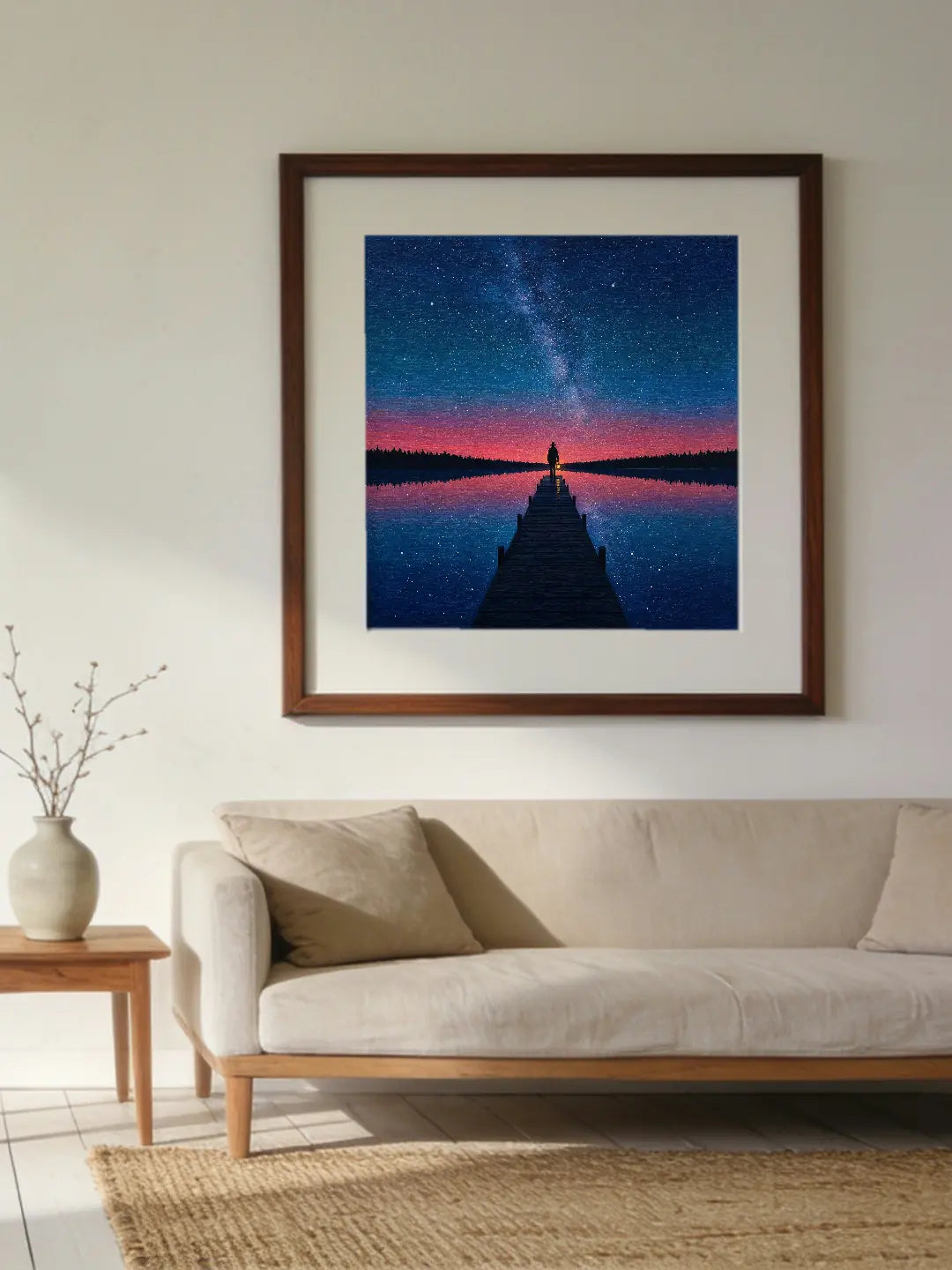 Ink & Halo hero mobile - The Long Dock in a wooden frame on a sunlit living room wall