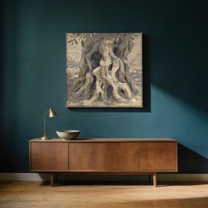 Old Wood — canvas print hanging in a dark-walled living room