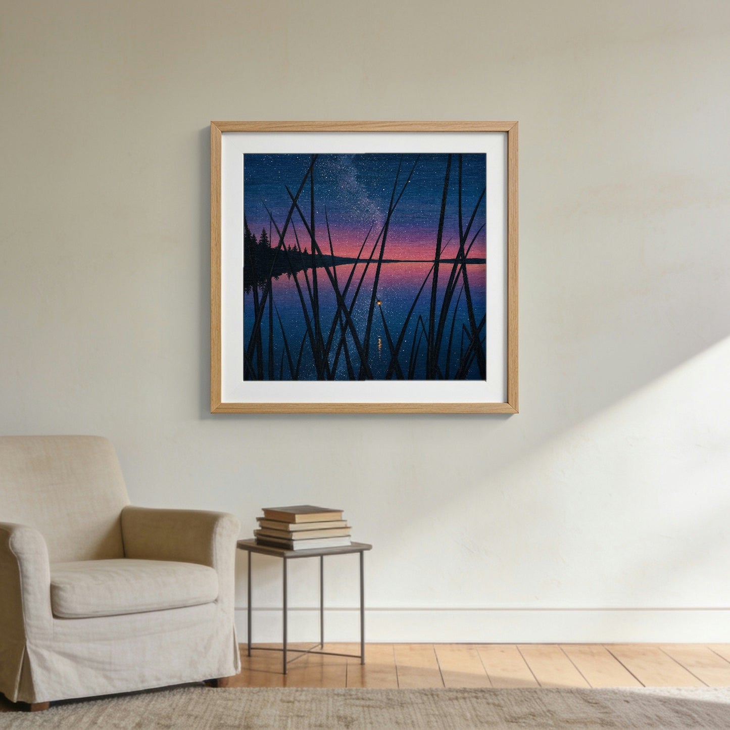 One Firefly — matte poster shown in an oak frame to give a sense of scale; the frame is not included