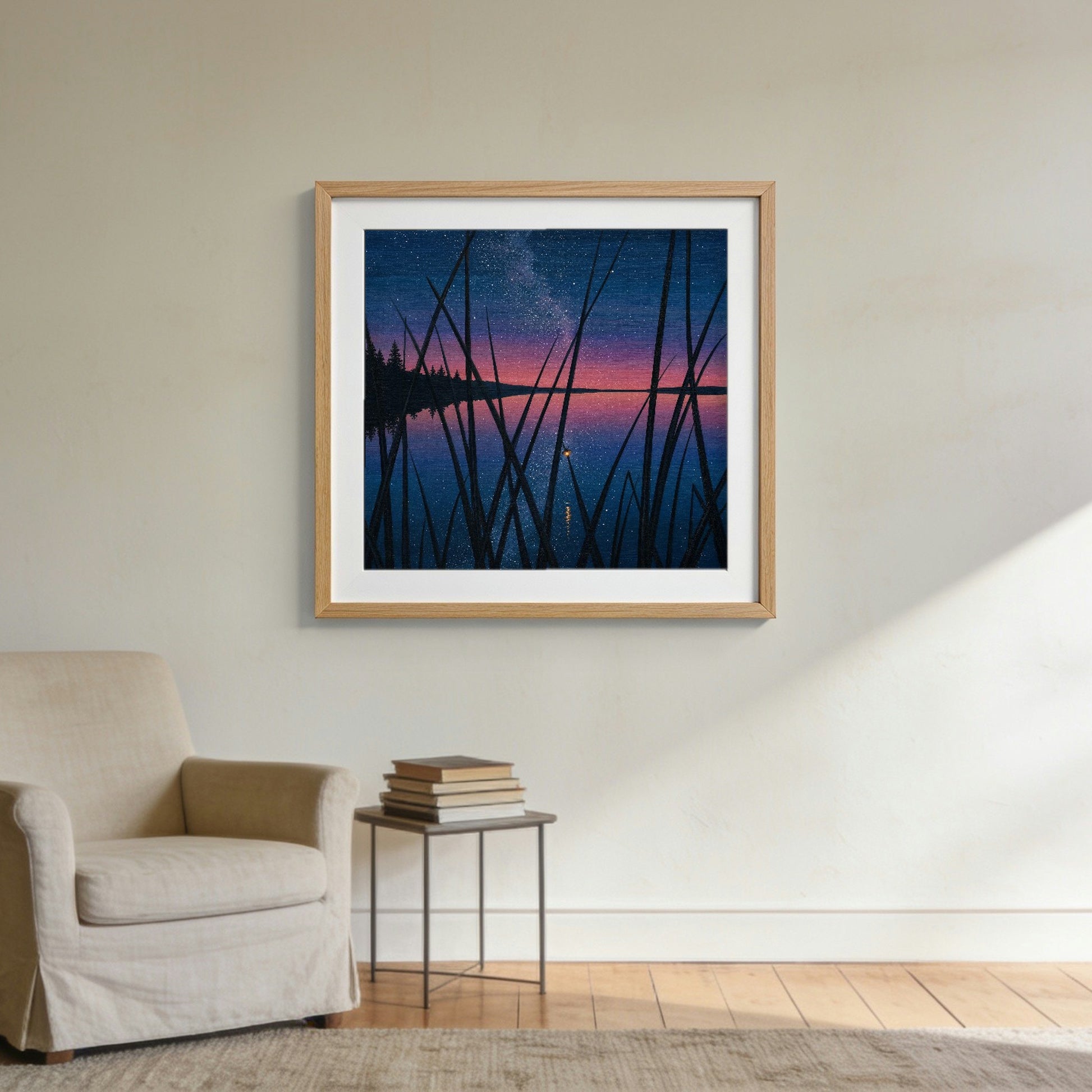 One Firefly — matte poster shown in an oak frame to give a sense of scale; the frame is not included