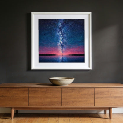 Overhead — matte poster shown in a white frame to give a sense of scale; the frame is not included