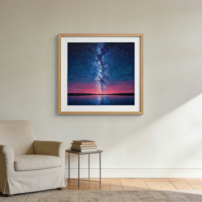 Overhead — matte poster shown in an oak frame to give a sense of scale; the frame is not included