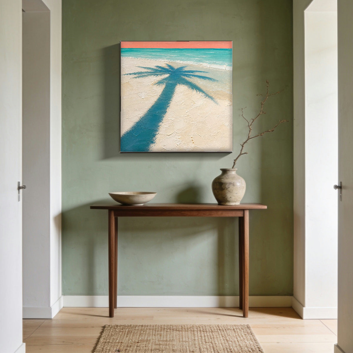 Palm Shadow — canvas print hanging in an entryway