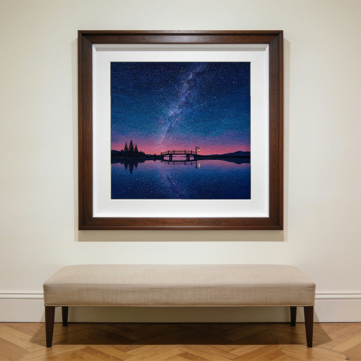 The Bridge — matte poster shown in a walnut frame to give a sense of scale; the frame is not included