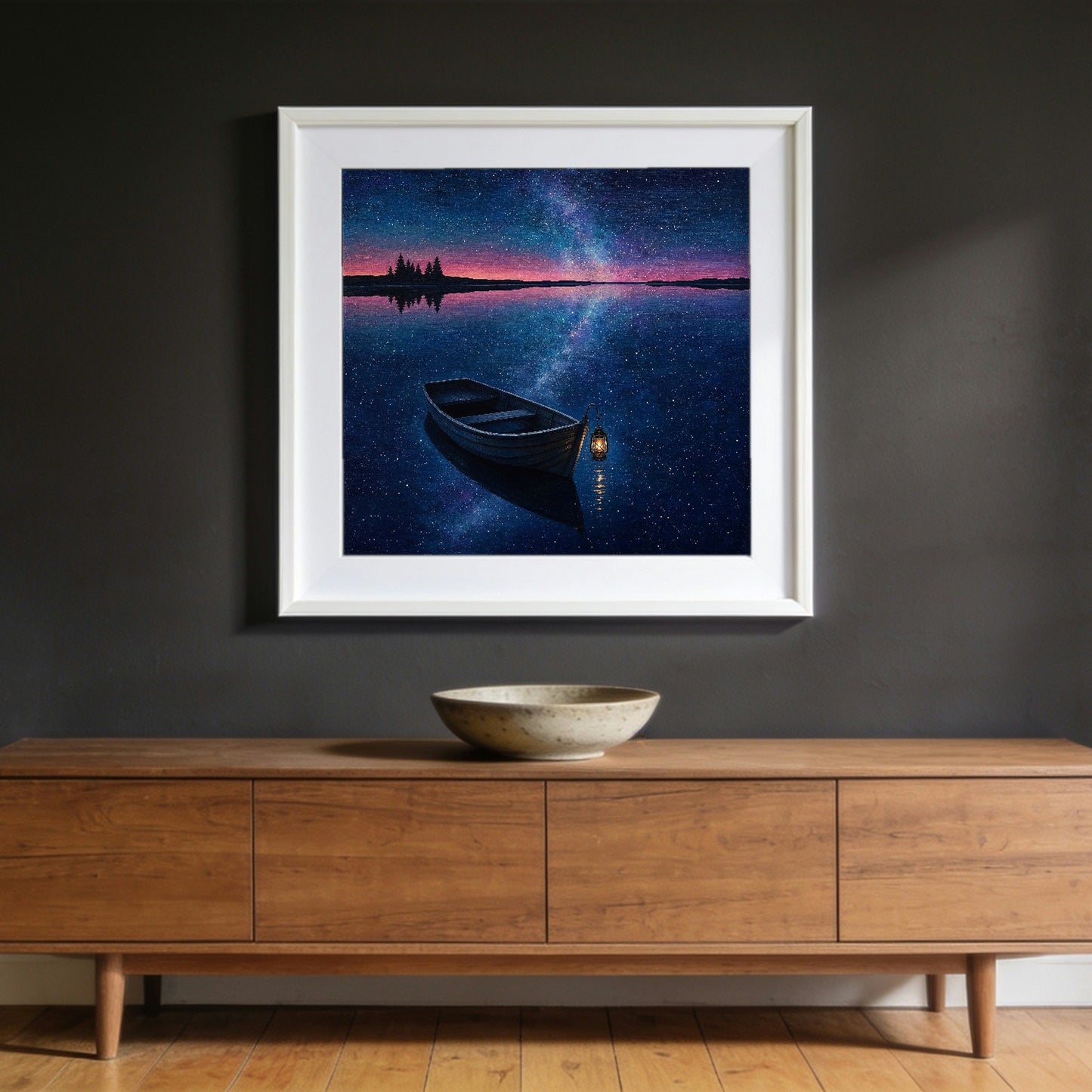 The Moored Boat — matte poster shown in a white frame to give a sense of scale; the frame is not included