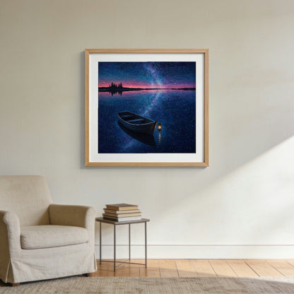 The Moored Boat — matte poster shown in an oak frame to give a sense of scale; the frame is not included